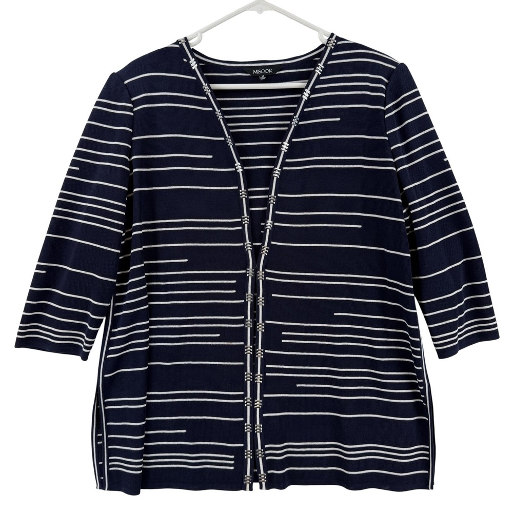 Misook Cardigan Sweater Womens Medium Blue Striped Studded Open‎ Front Knit